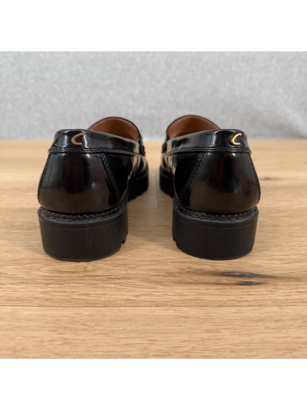 Circus Sam Edelman Ella Lug Sole Loafer Shoe Size 10 Black Patent Gold Platform - Picture 5 of 14